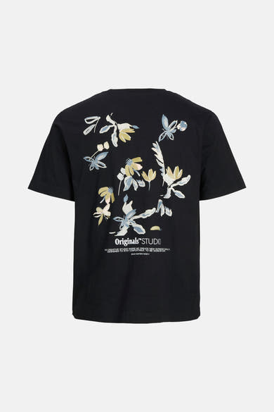 Zwart T-shirt met korte mouwen van ORIGINALS BY JACK & JONES met bloemenprint op de rug.