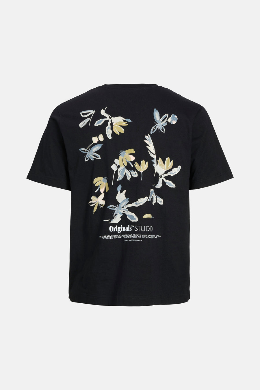 Zwart T-shirt met korte mouwen van ORIGINALS BY JACK & JONES met bloemenprint op de rug.
