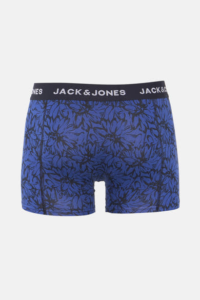 Boxer bleu ACCESSORIES BY JACK & JONES à motif floral noir, avec ceinture élastique logotypée.