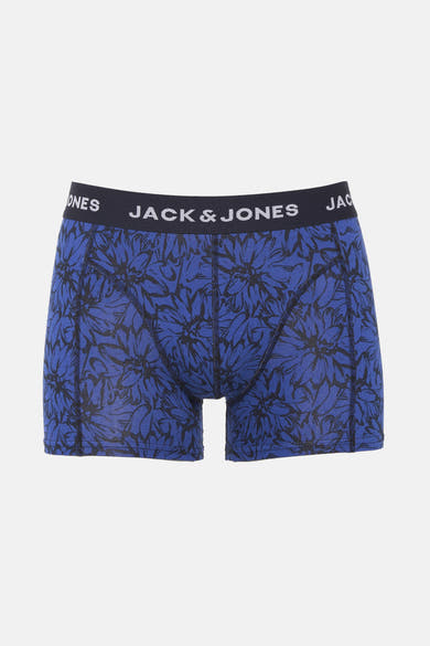 Boxer bleu d'ACCESSORIES BY JACK & JONES, à motif floral noir sur l'ensemble du tissu.