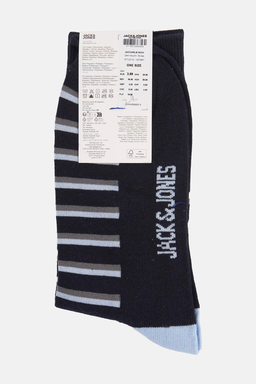 Blauwe gestreepte sokken van Jack & Jones, met lichtblauwe details aan het uiteinde.
