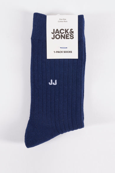 Blauwe sokken van katoenmix van ACCESSORIES BY JACK & JONES, geribbelde textuur en geborduurd logo.