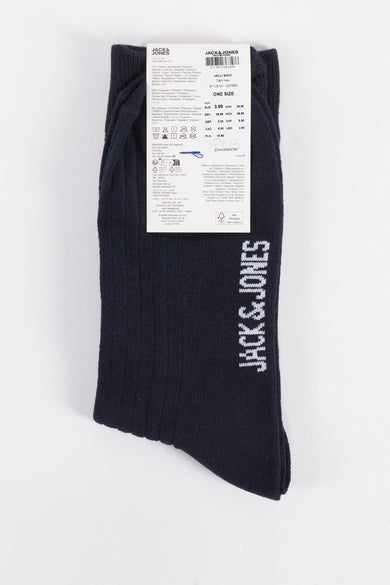 Marineblauwe sok van ACCESSORIES BY JACK & JONES, met verticaal wit logo aan de zijkant.