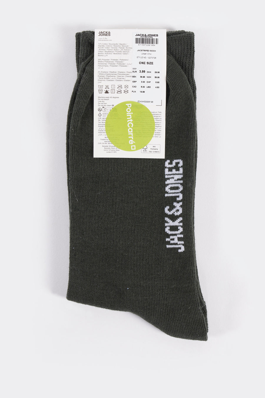 Groene sokken van JACK & JONES, met verticaal logo en aangehecht informatiekaartje.