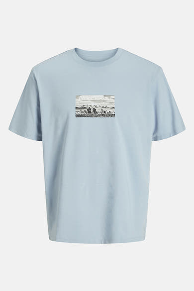Lichtblauw T-shirt met korte mouwen van JACK & JONES, met een opdruk van een stadslandschap.