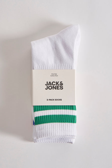 Lot de chaussettes blanches en coton par ACCESSORIES BY JACK & JONES, à rayures vertes et bleues.