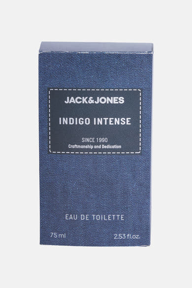 Blauwe parfum van ACCESSORIES BY JACK & JONES, met een denim textuurpatroon en witte letterdetails.