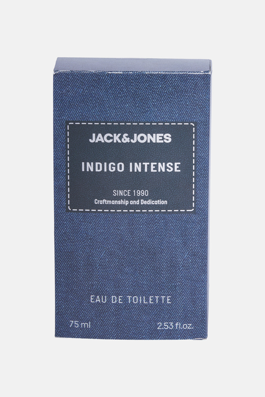 Blauwe parfum van ACCESSORIES BY JACK & JONES, met een denim textuurpatroon en witte letterdetails.
