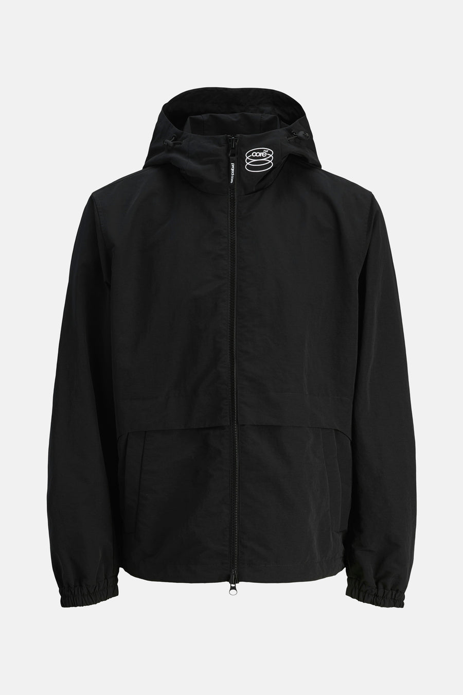 Korte zwarte jas van JACK & JONES met capuchon en ritssluiting middenvoor.