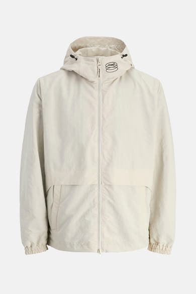 Korte beige jas van JACK & JONES, met capuchon en volledige ritssluiting.