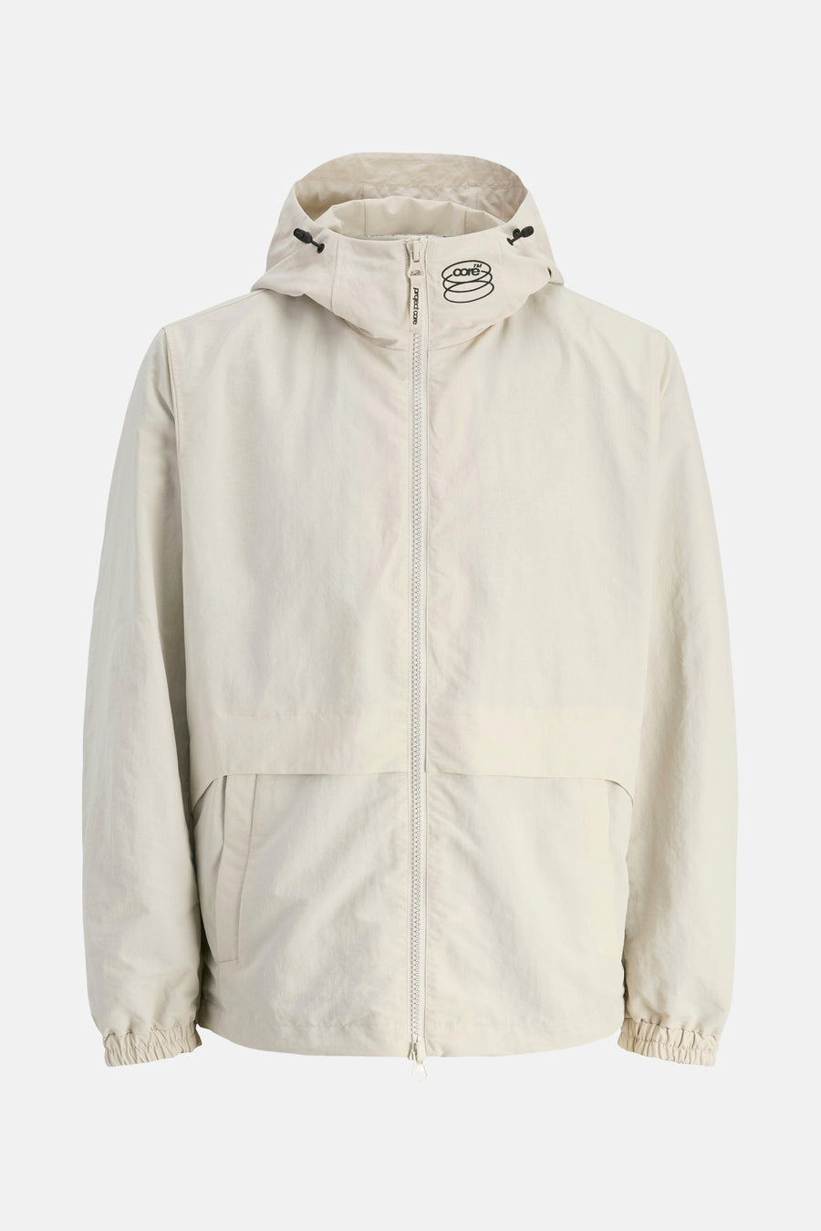 Korte beige jas van JACK & JONES, met capuchon en volledige ritssluiting.
