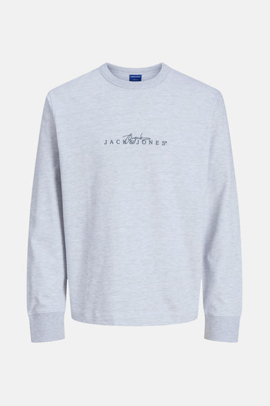 Grijze ronde nek sweatshirt van ORIGINALS BY JACK & JONES met het merklogo op de voorzijde.