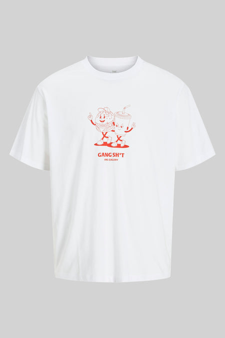 Wit T-shirt met korte mouwen van Originals by Jack & Jones met burger- en frisdrankprint.
