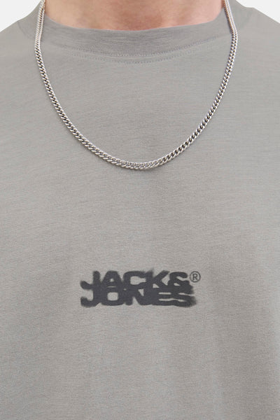 Grijs T-shirt met korte mouwen van JACK & JONES, met een zilveren kraag en een logoprint.