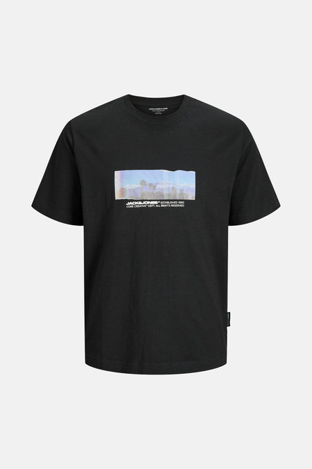 Zwart T-shirt met korte mouwen van JACK & JONES, met fotoprint en belettering.