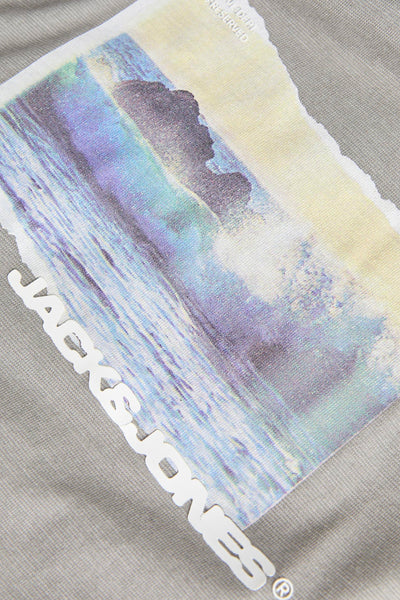 T-shirt gris à manches courtes de JACK & JONES avec motif imprimé abstrait style photo déchirée.