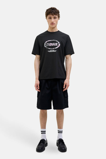 Zwart T-shirt met korte mouwen van Originals by Jack & Jones, met ovale CORE-print op de voorkant.