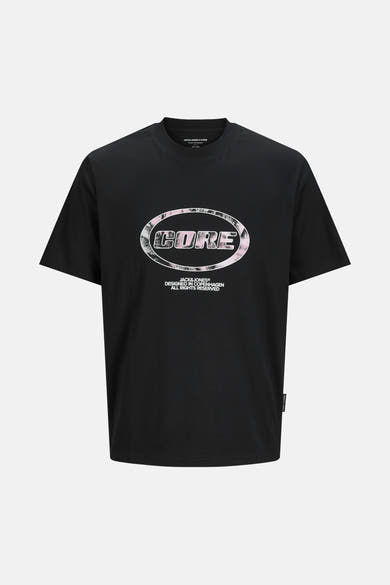 T-shirt noir à manches courtes par ORIGINALS BY JACK & JONES avec imprimé "CORE" graphique et moderne.