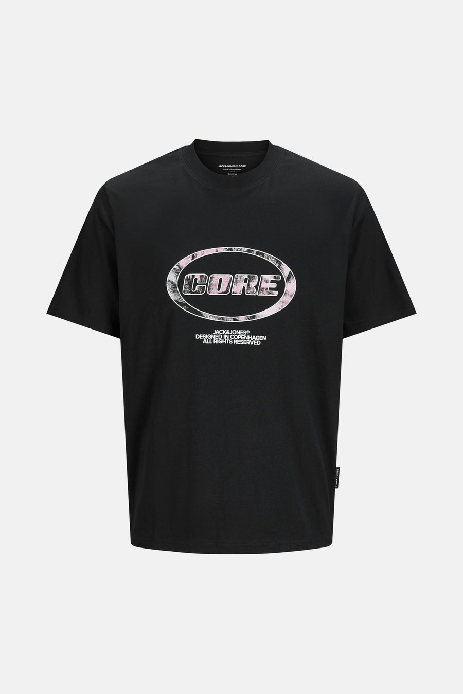 T-shirt noir à manches courtes par ORIGINALS BY JACK & JONES avec imprimé "CORE" graphique et moderne.