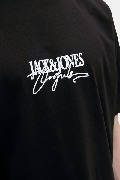 Zwarte t-shirt met korte mouwen van ORIGINALS BY JACK & JONES, met wit logo gedrukt op de voorzijde.