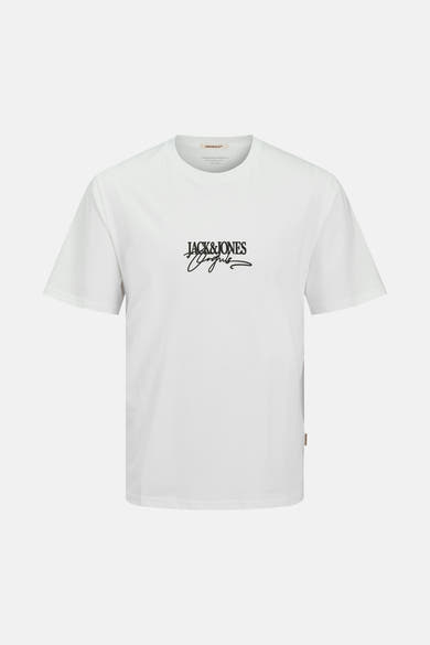 Wit T-shirt met korte mouwen van ORIGINALS BY JACK & JONES, met zwart logo op de voorkant gedrukt.