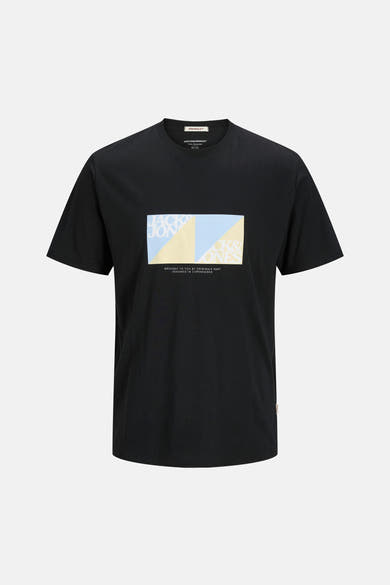 T-shirt noir à manches courtes par ORIGINALS BY JACK & JONES avec un motif graphique rectangulaire sur le devant.

