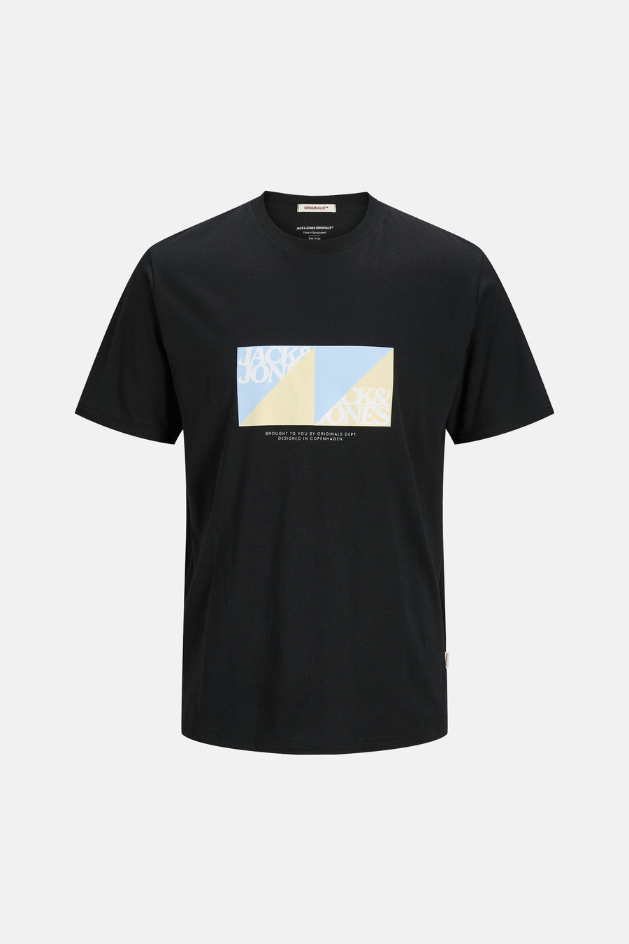 T-shirt noir à manches courtes par ORIGINALS BY JACK & JONES avec un motif graphique rectangulaire sur le devant.
