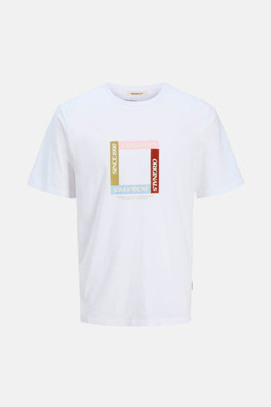 T-shirt à manches courtes blanc par ORIGINALS BY JACK & JONES, avec un imprimé graphique carré multicolore sur le devant.
