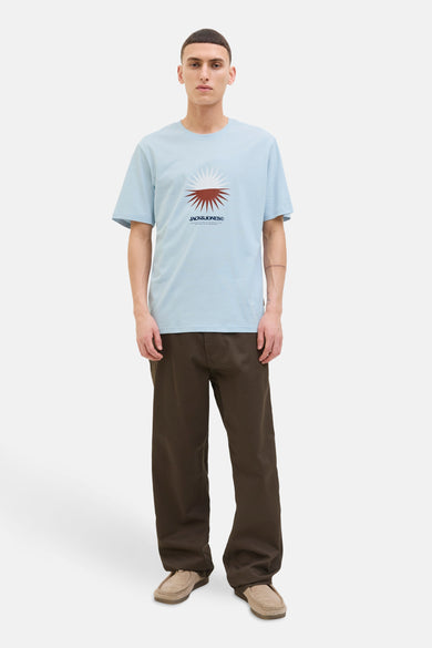Blauw T-shirt met korte mouwen van Originals by JACK & JONES, met grafische zonprint.