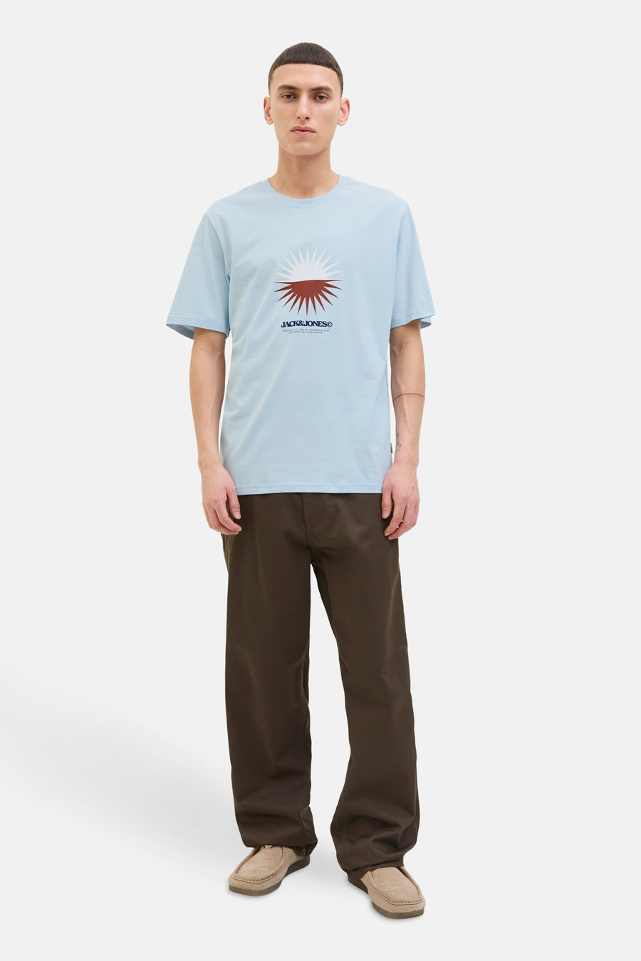 T-shirt bleu à manches courtes de Originals by JACK & JONES, avec imprimé graphique soleil.