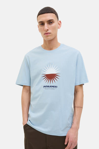 T-shirt bleu à manches courtes de ORIGINALS BY JACK & JONES avec motif graphique soleil stylisé.