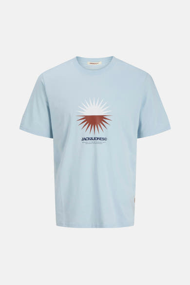T-shirt à manches courtes bleu, de ORIGINALS by JACK & JONES, avec motif graphique soleil.
