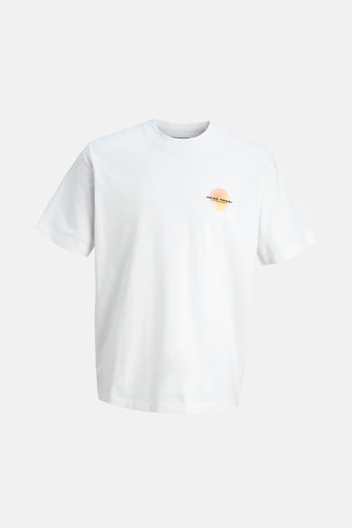 T-shirt blanc à manches courtes de JACK & JONES, avec un motif graphique sur la poitrine.
