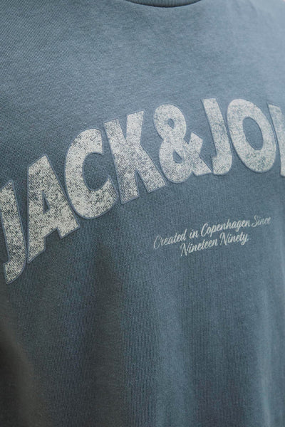 Grijze korte mouw T-shirt van ORIGINALS BY JACK & JONES, met lettering en oude look.