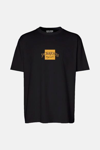 Zwart T-shirt met korte mouwen van Originals by Jack & Jones, met een geel vierkant logo op de borst.