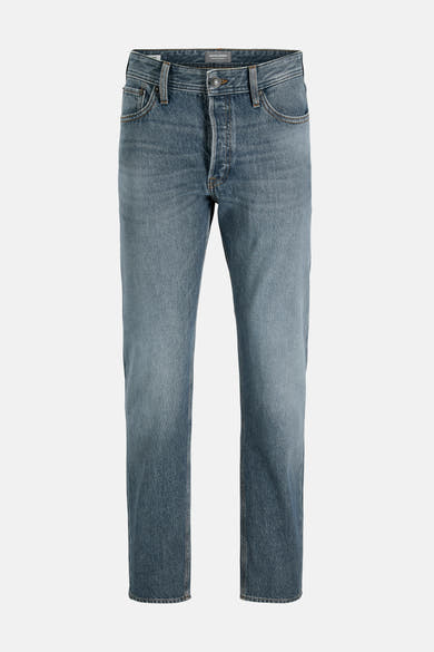 Jean fuselé bleu denim de JACK & JONES, avec décoloration subtile sur le devant et poches classiques.