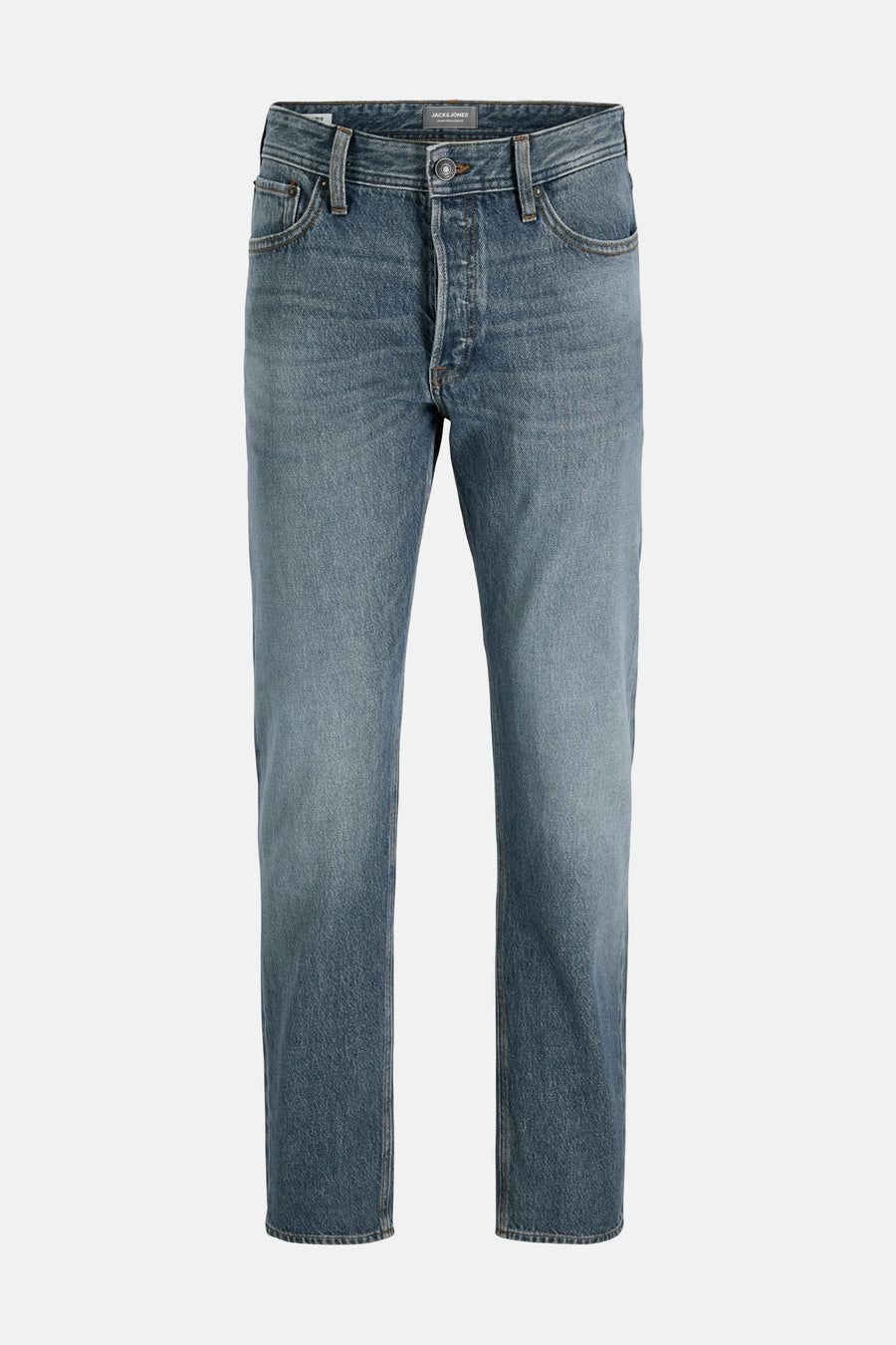 Jean fuselé bleu denim de JACK & JONES, avec décoloration subtile sur le devant et poches classiques.