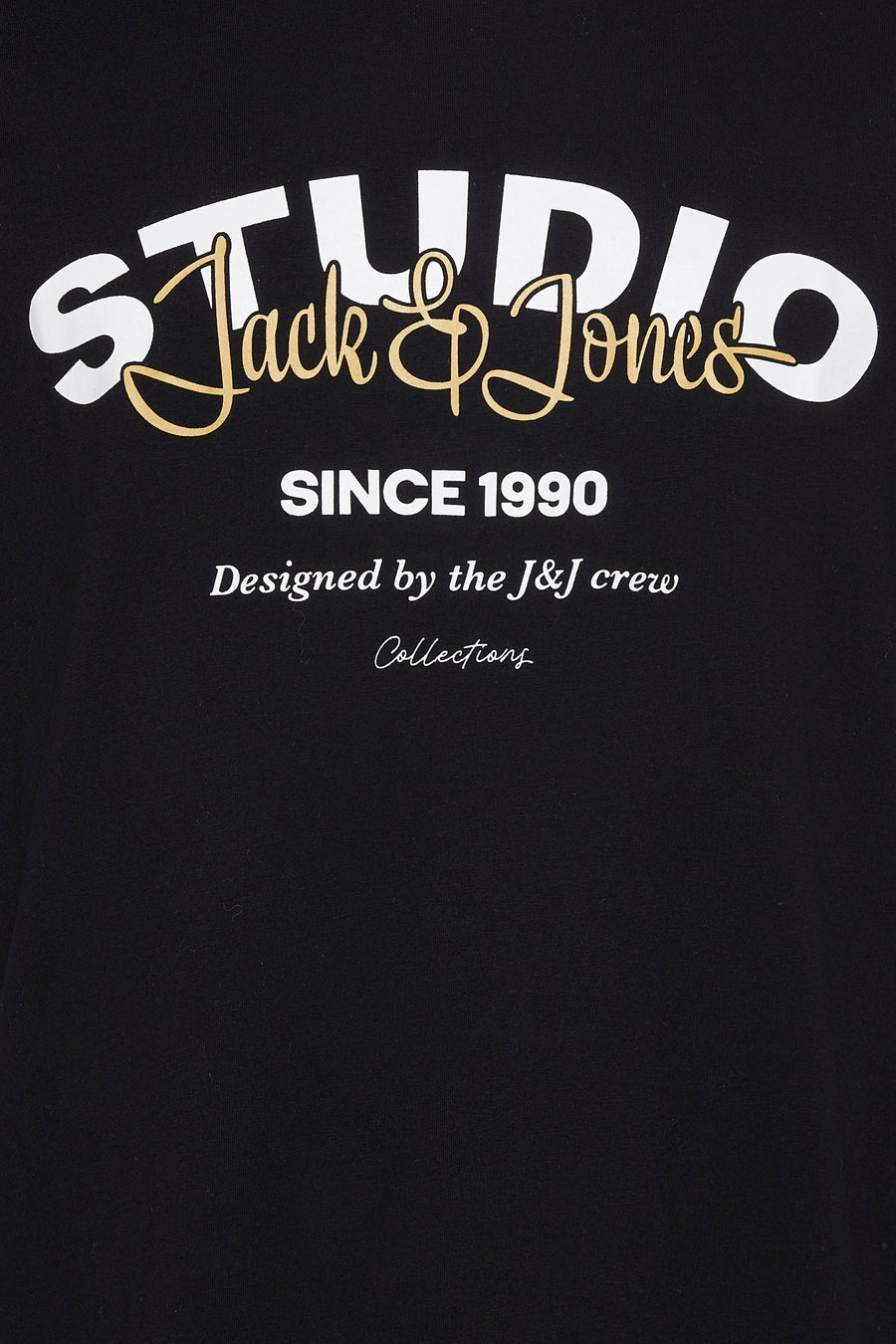 T-shirt à manches courtes noir d'ORIGINALS BY JACK & JONES, avec lettrage décoratif blanc et doré.
