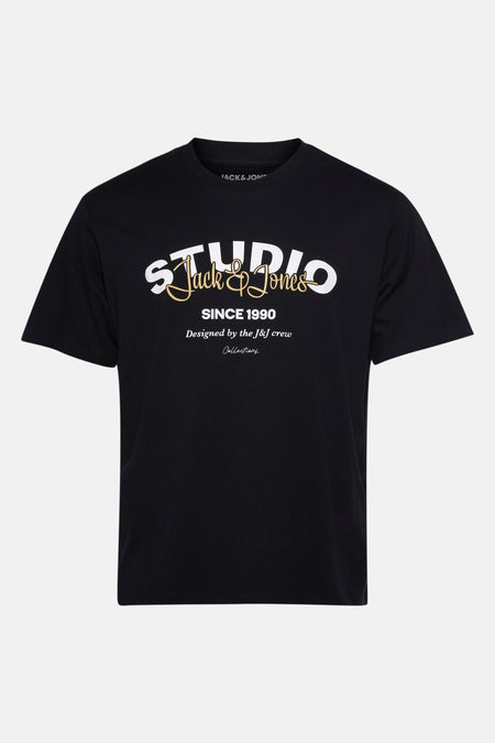Zwart T-shirt met korte mouwen van ORIGINALS BY JACK & JONES, met witte en gouden decoratieve letters.