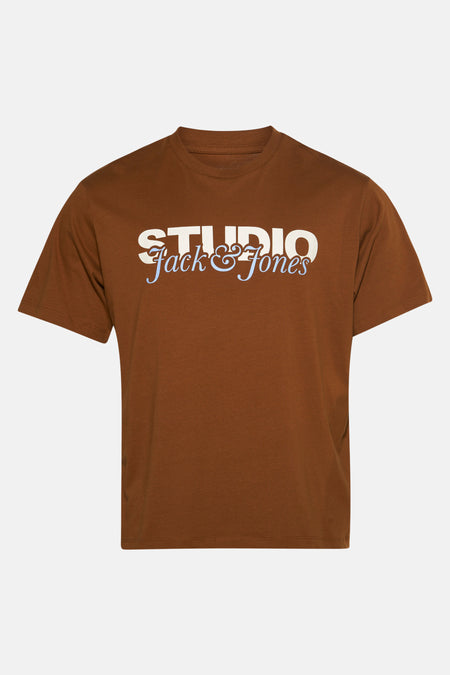 Bruin T-shirt met korte mouwen van ORIGINALS BY JACK & JONES, met grote decoratieve letters.