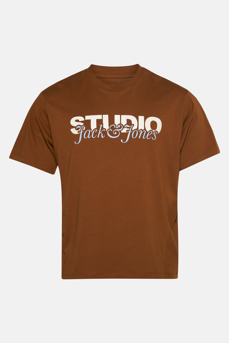 Bruin T-shirt met korte mouwen van ORIGINALS BY JACK & JONES, met grote decoratieve letters.