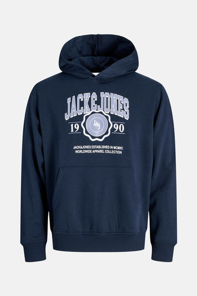 Sweat à capuche bleu by ORIGINALS BY JACK & JONES, avec motif imprimé sur le devant et poche kangourou.
