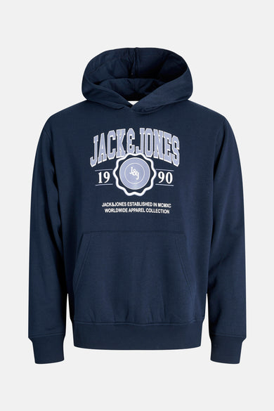 Blauwe hoodie van ORIGINALS BY JACK & JONES, met opdruk op de voorkant en kangoeroezak.