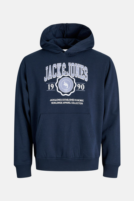 Blauwe hoodie van ORIGINALS BY JACK & JONES, met opdruk op de voorkant en kangoeroezak.