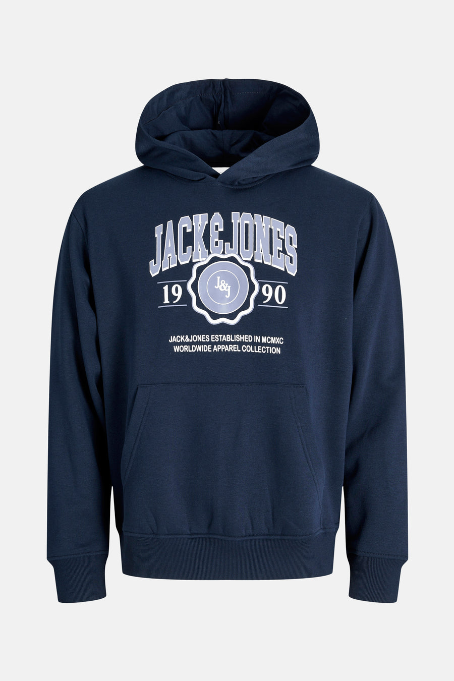 Sweat à capuche bleu by ORIGINALS BY JACK & JONES, avec motif imprimé sur le devant et poche kangourou.
