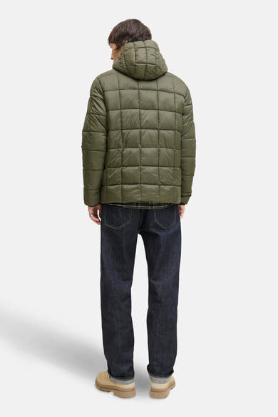 Groene gewatteerde regenjas van JACK & JONES, gedragen met een donkerblauwe jeans en beige schoenen.