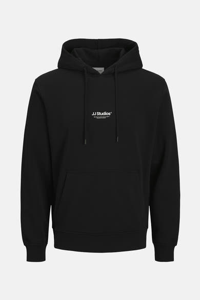 Sweat à capuche noir de JACK & JONES, avec cordon de serrage et poche kangourou.