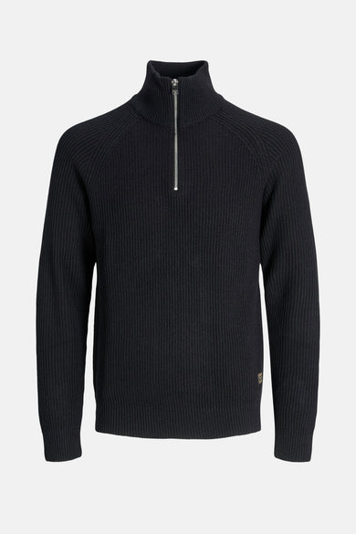 Pull col roulé noir de JACK & JONES en maille côtelée avec fermeture éclair argentée au col.