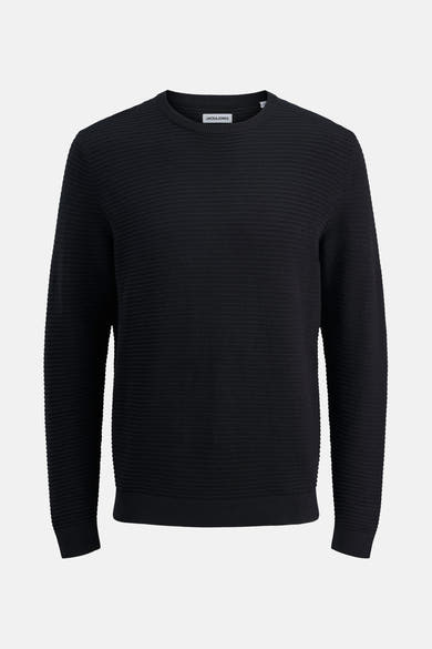 Pull noir à col rond de JACK & JONES, avec une texture côtelée horizontale.