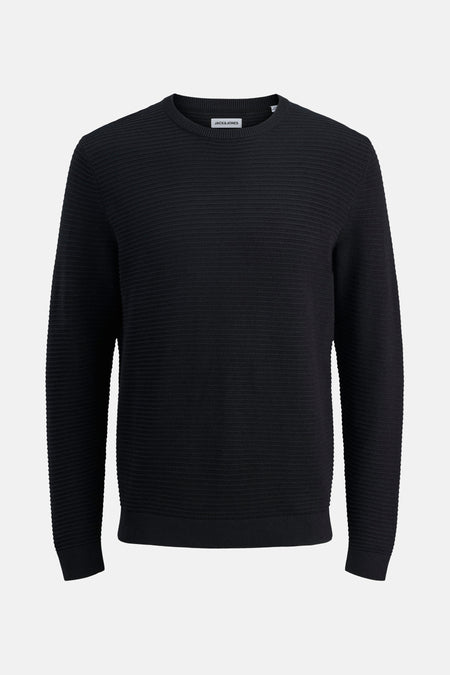 Zwarte trui met ronde hals van JACK & JONES, met een horizontale ribstructuur.